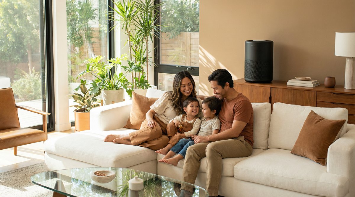 Happy family enjoying clean air with EcoQuest air purifier